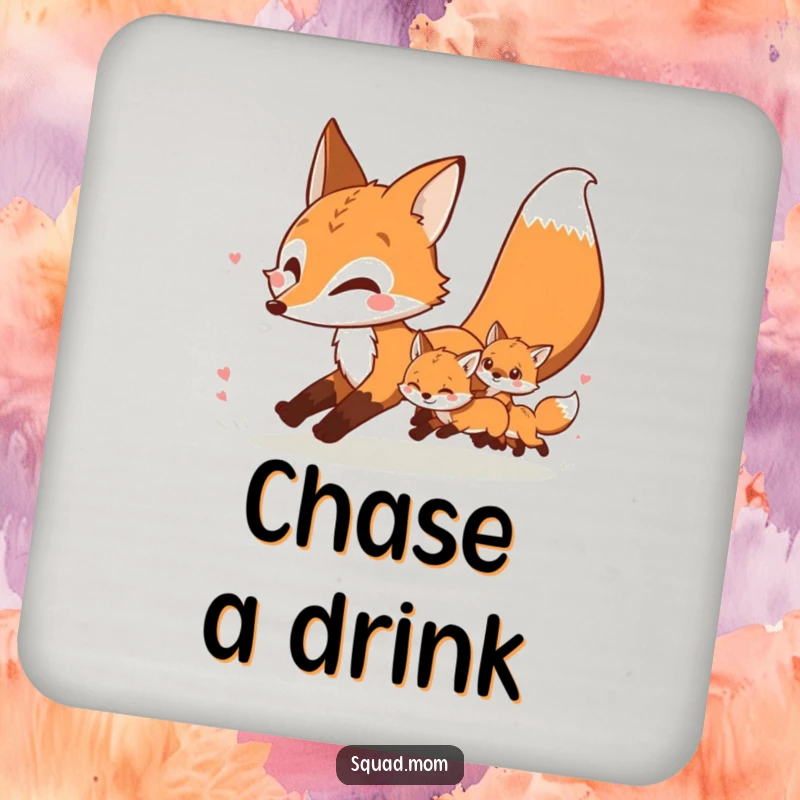 Funny depiction of a mother fox and her kits in a playful chase on a humorous drink coaster.