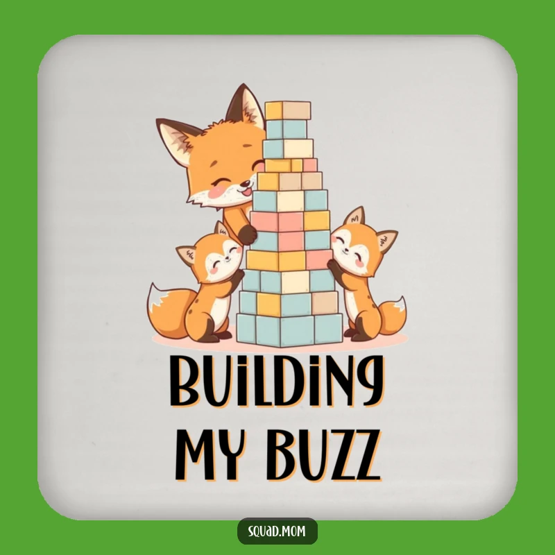 Funny Fox Mom & Kits Coasters: Protect Surfaces with Block Tower Humor, Gift Set