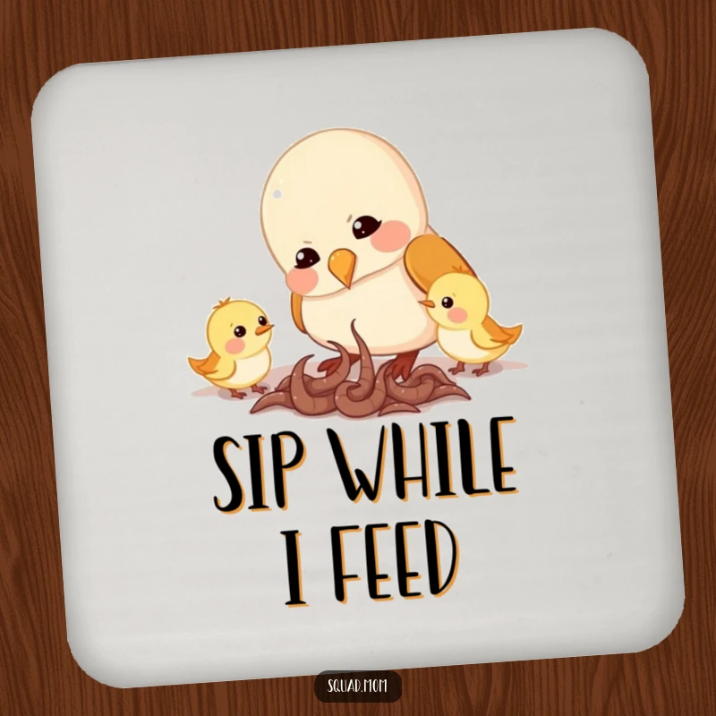 Funny drink coasters depicting a mama bird tending to her chirping chicks, providing surface protection with a sweet and humorous touch.