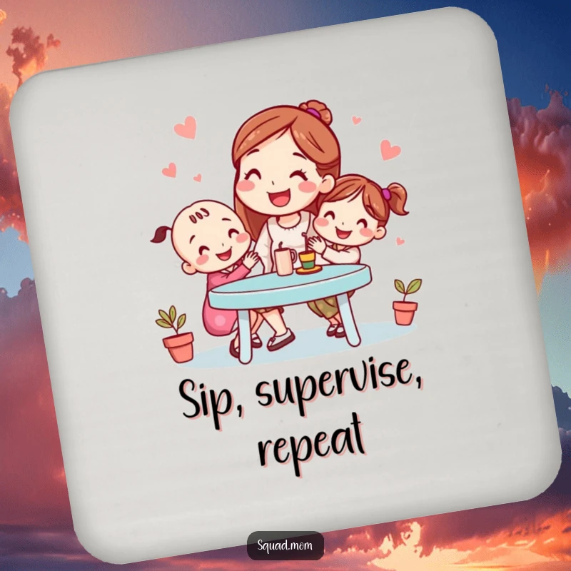 Funny drink coasters featuring a smiling mom friend organizing a playdate, protecting surfaces with humor, a practical and funny gift.