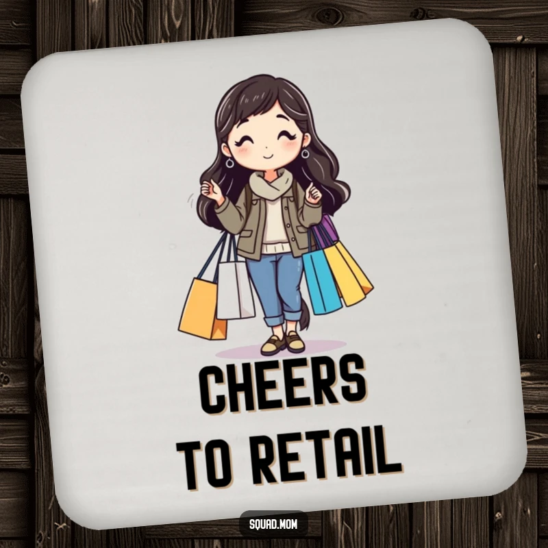 Funny drink coasters showing a mom friend with multiple shopping bags, protecting surfaces with shopping-themed humor, a practical funny gift.