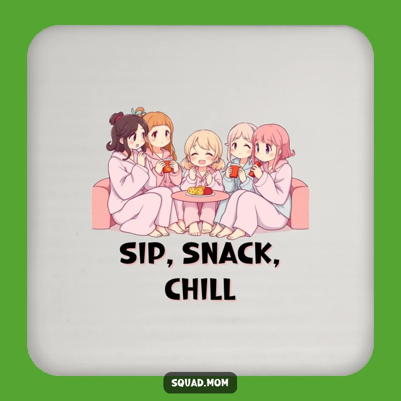 Funny Pajama Coaster Set: Women Sharing Snacks, Protect Your Surfaces