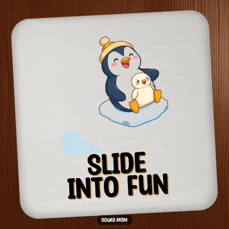Funny penguin mom and chick sliding on ice, depicted on a humorous drink coaster for protection.