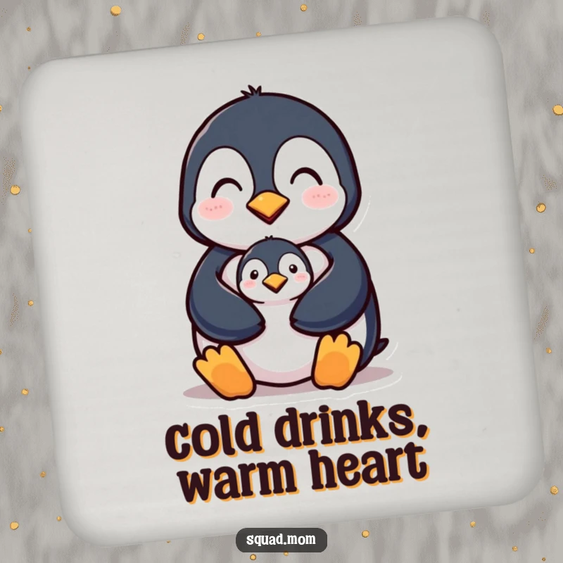 Funny drink coasters featuring a penguin mom protecting her chick, adding a touch of maternal warmth and humor.