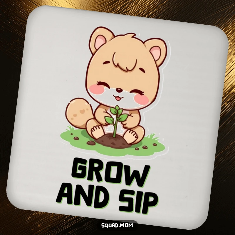 Funny drink coasters featuring a cute animal mom character planting a small seed, adding a touch of nature and humor to tabletops.