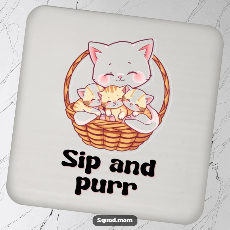 Funny drink coasters illustrating a mama cat embracing her playful kittens in a basket, adding sweet protection to surfaces.