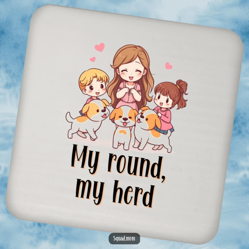 Funny coasters featuring a woman herding other women like puppies, perfect for table protection.