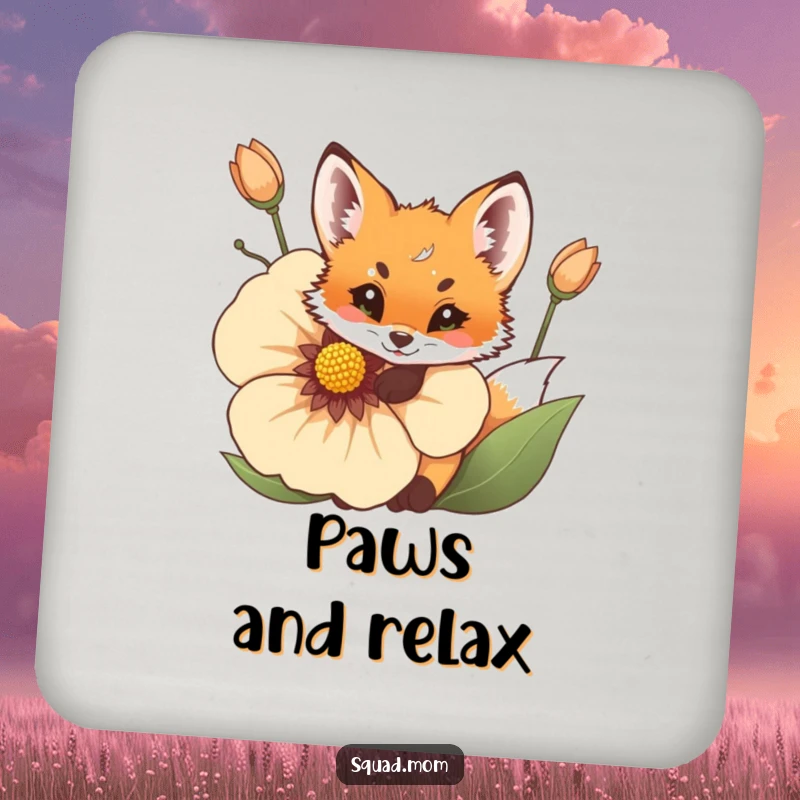 Funny Fox Cub Coaster: A cute, playful fox cub peeks from behind a large flower.