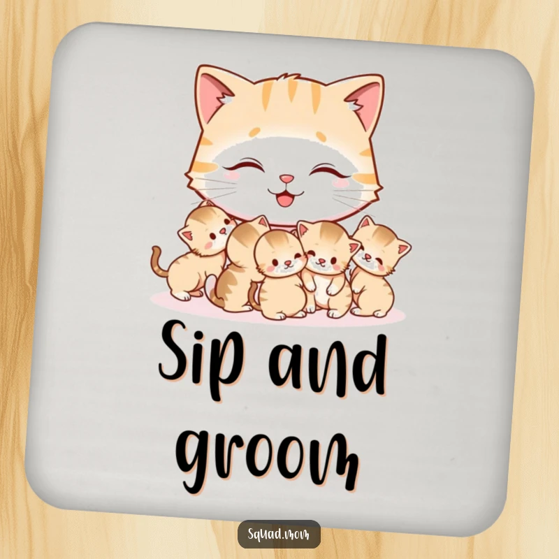 Funny Cat Mom Drink Coaster featuring a happy mother cat grooming her tiny kittens, adding humorous protection to any surface.