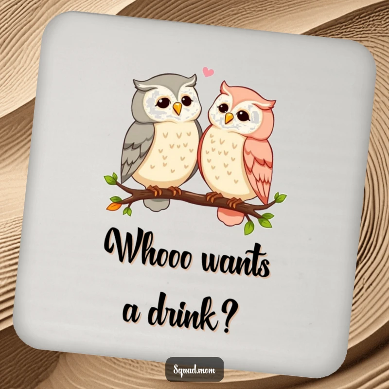 Funny owl moms sharing secrets and gossip while perched on a branch on a set of drink coasters, protecting tables with charm.