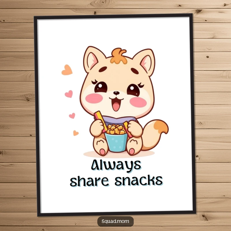 Funny Kawaii mom friend animal character offering snacks with joy on a poster, celebrating motherhood and generosity.