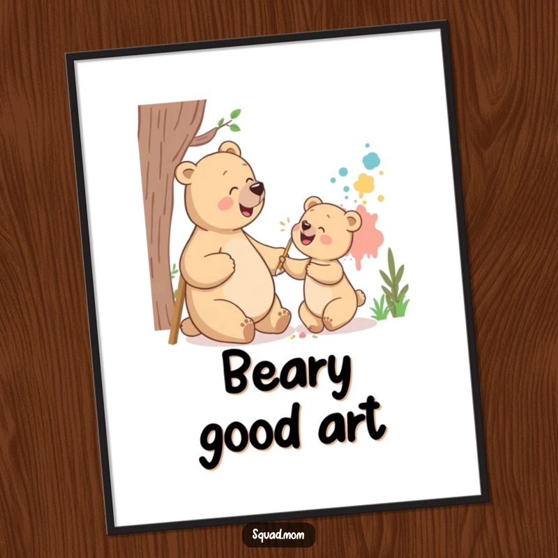 Funny bear mom and cub poster showing them giggling while painting a mural, offering humorous and heartwarming wall art.