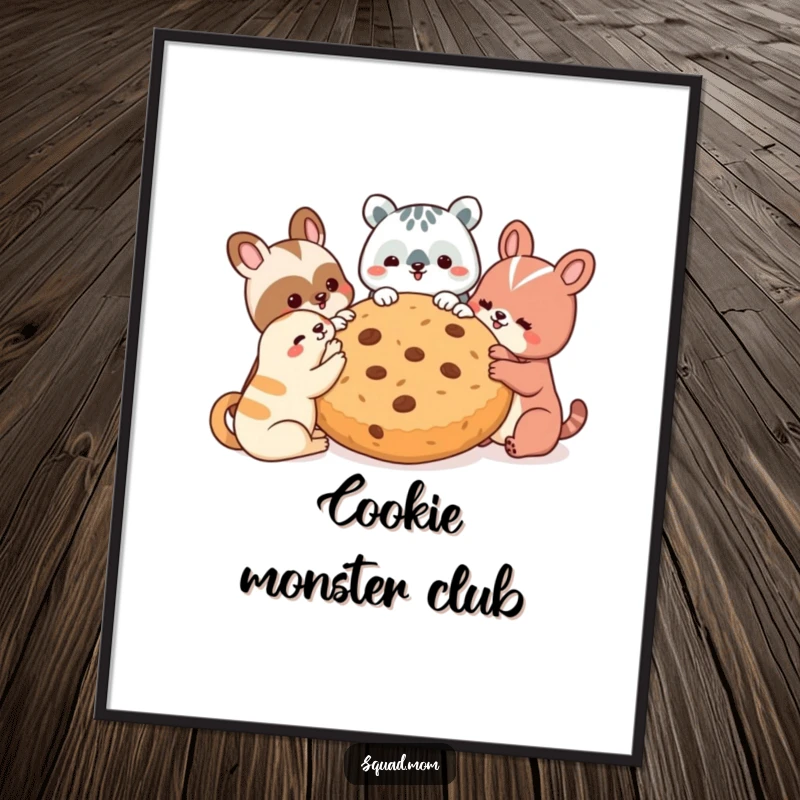 Funny poster of cute animal friends happily feasting on an enormous cookie, a vibrant and humorous piece of wall art.