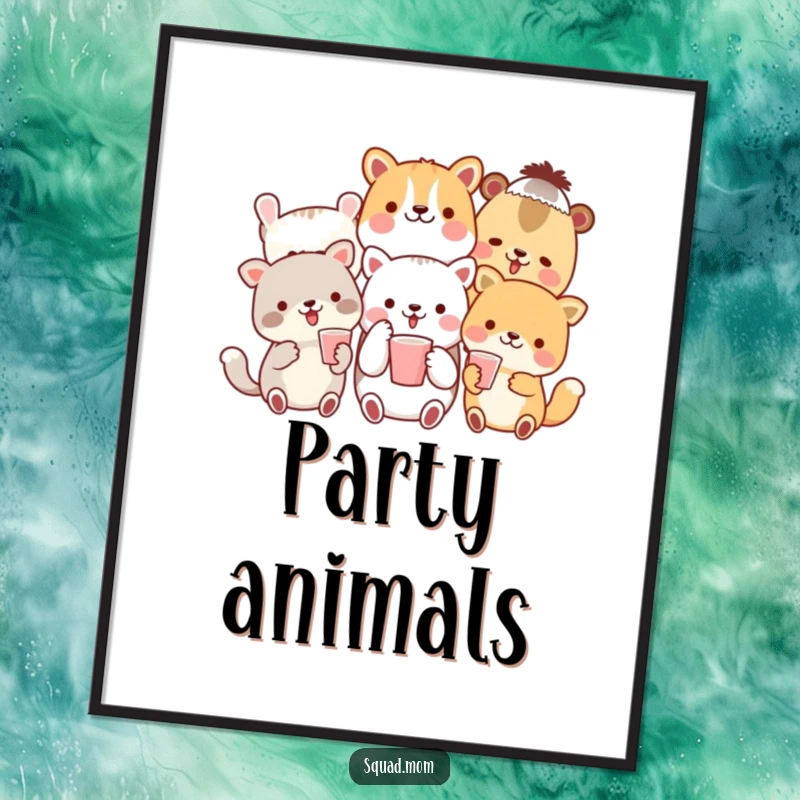 Funny poster art of a cheerful group of animal friends raising tiny cups in a celebratory toast. Whimsical and fun.