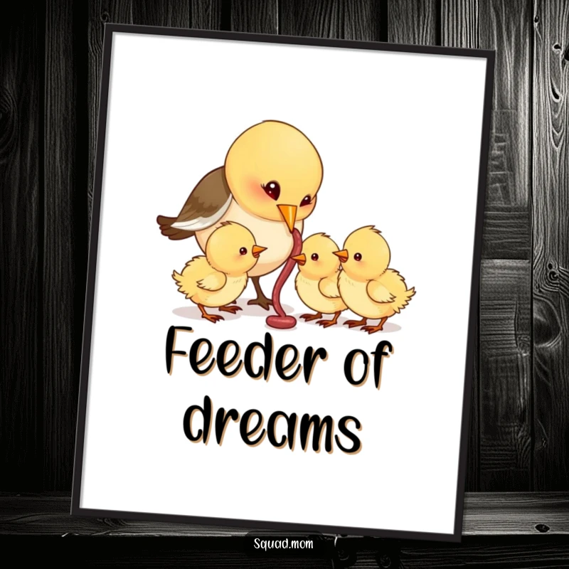 Funny Bird Mom Feeding Worms to Hungry Chicks, Humorous Nature Wall Decor