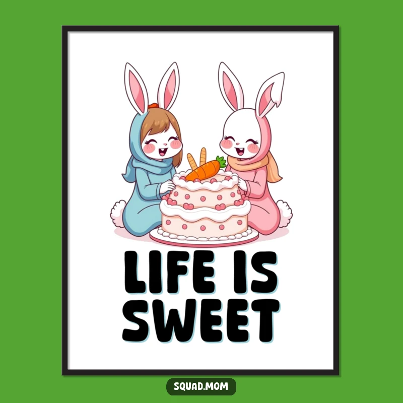 Funny Bunny Moms Poster: Sharing Cake Art, Hilarious Decor Gift
