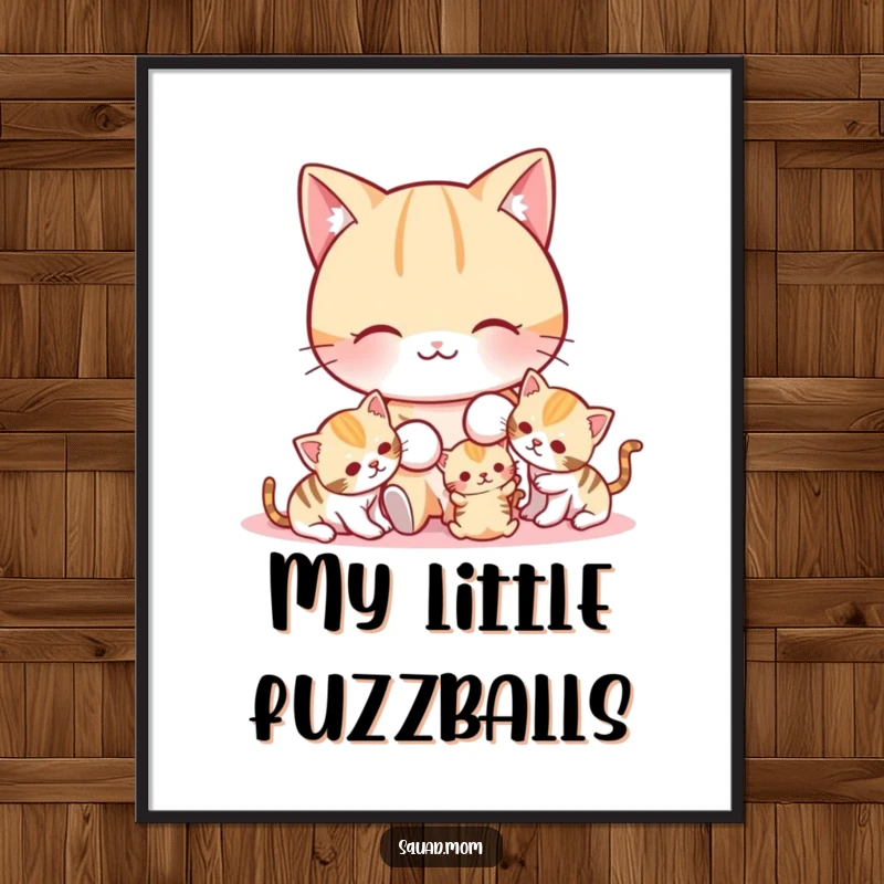 Funny cat mom character playing with her litter of cute kittens, presented as charming wall art.