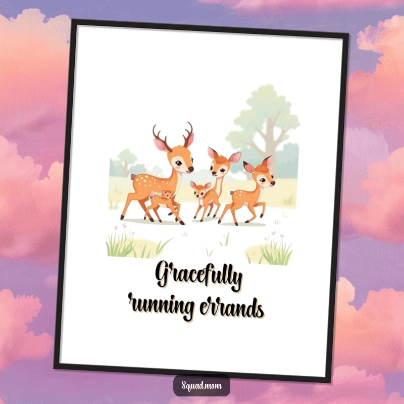 Funny deer moms and fawns playing tag in a meadow, framed as a charming poster, evoking wildness and humor for nature lovers.