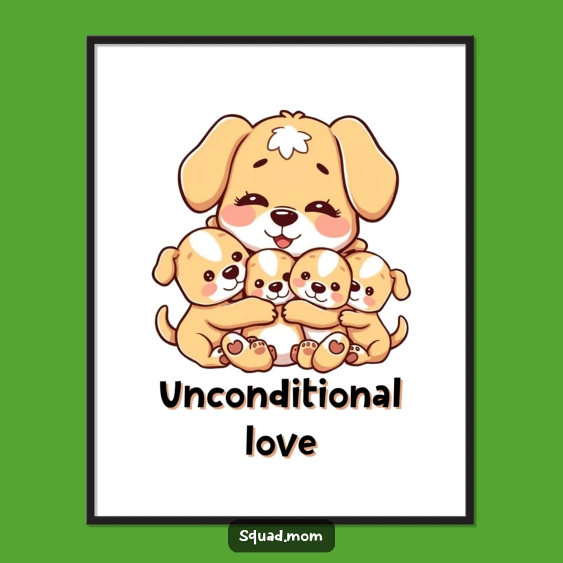 Funny Dog Mom Poster: Adorable Motherly Dog Hugging Puppies, Heartwarming Art Gift