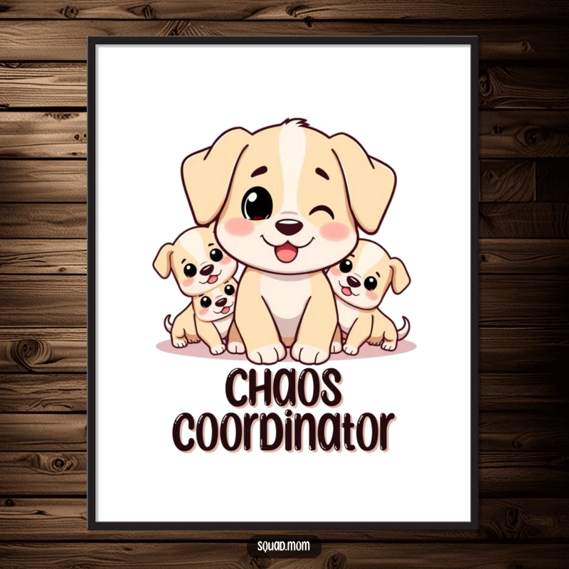 Funny poster art of a proud dog mom character smiling amidst a flurry of energetic, adorable puppies. Charming and humorous.