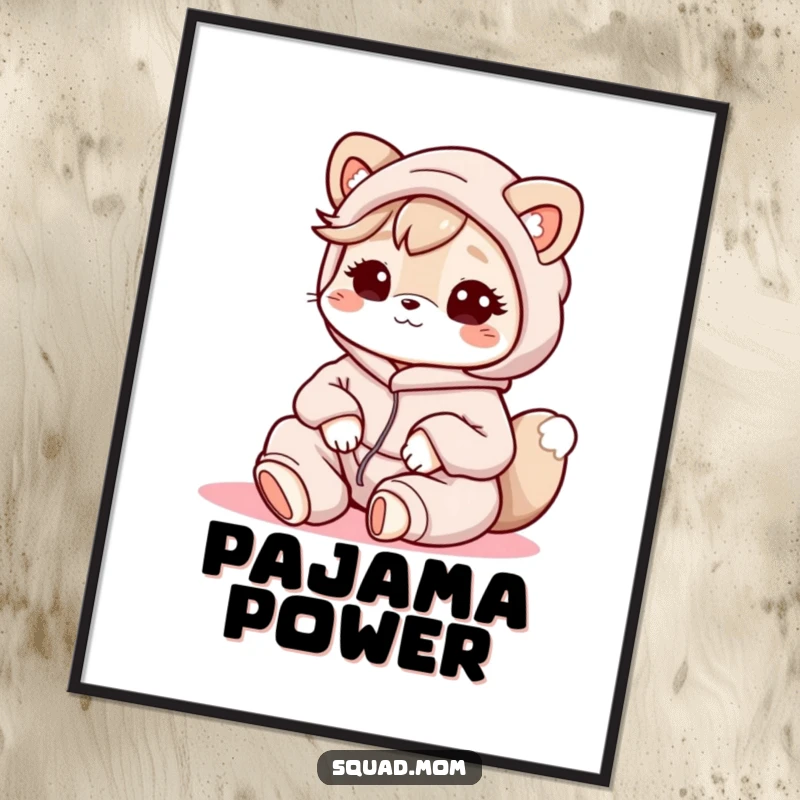 Funny Kawaii Mom Friend Poster: A delightful animal character wears cozy loungewear, radiating warmth and friendly encouragement.