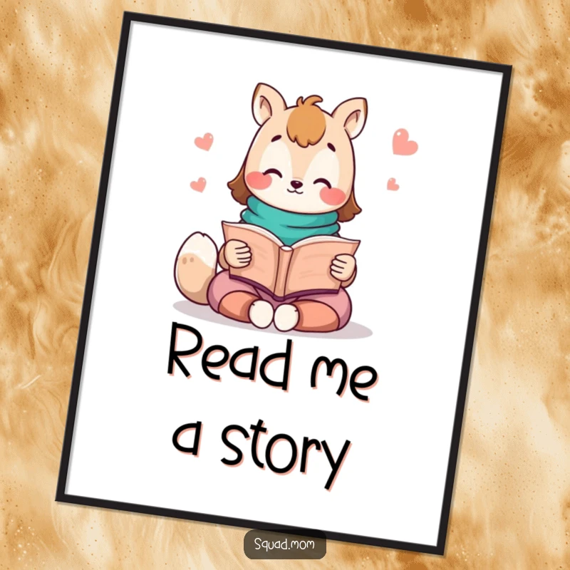 Funny Kawaii Mom Friend Poster: An adorable animal character reads a storybook, creating a peaceful and imaginative atmosphere.