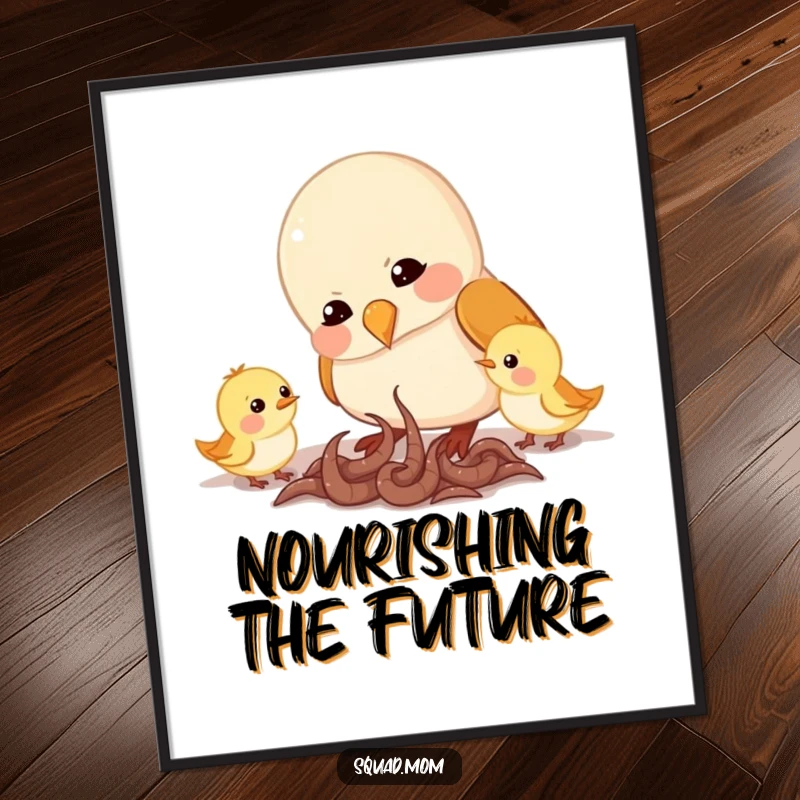 Funny poster artwork showcasing a dedicated mama bird feeding worms to her hungry, chirping chicks, embodying the essence of nurturing care.