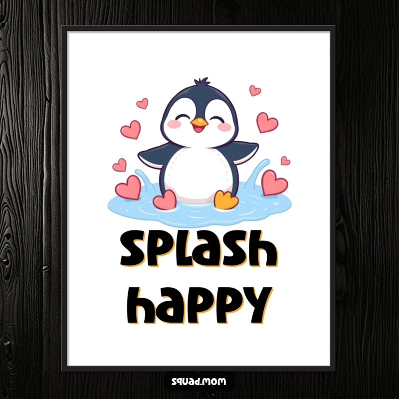 Funny Penguin Heart Splash Poster: A giggling penguin joyfully splashes in a puddle of colorful hearts.