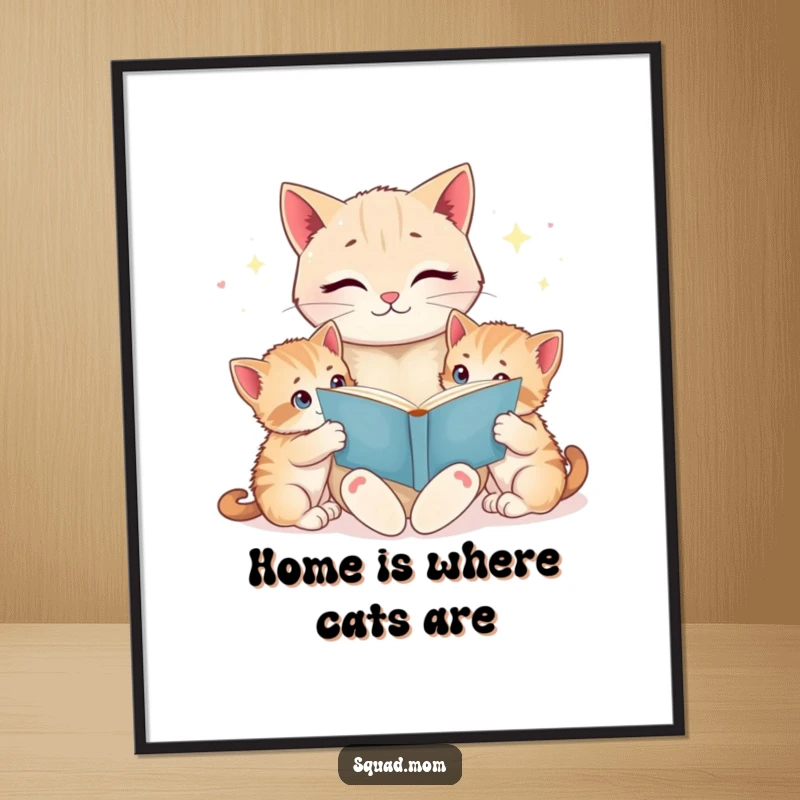 Funny cat mom reading a bedtime story to her wide-eyed kittens, framed as a charming poster, evoking warmth and humor for cat lovers.