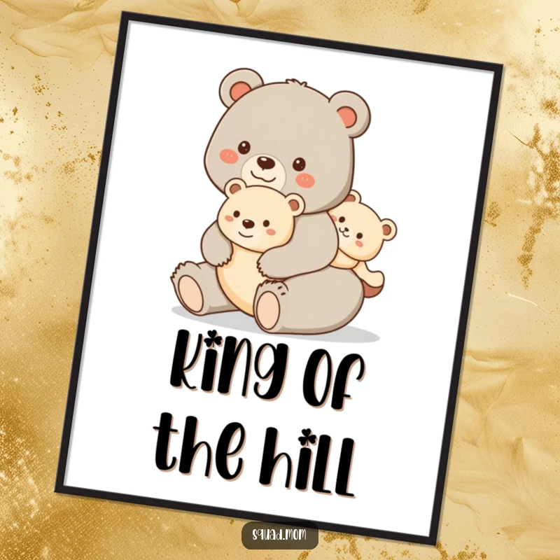 Funny poster showcasing a happy bear mom giving her cub a piggyback ride, ideal for wall decor celebrating family bonding and joy.
