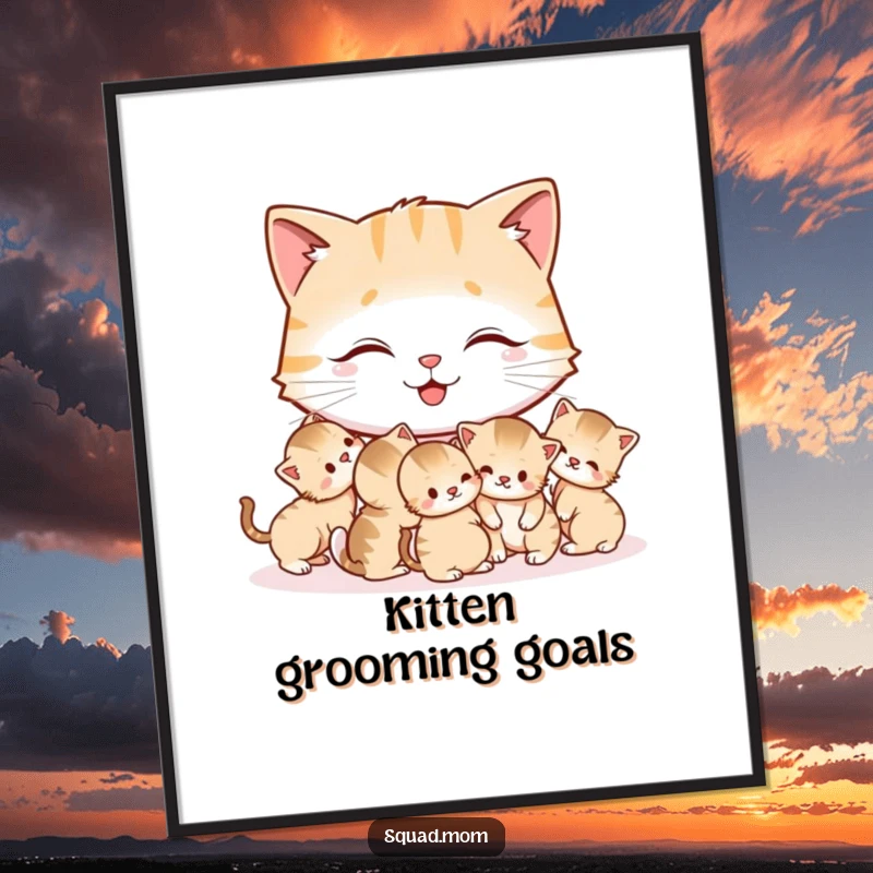 Funny Cat Mom Poster illustrating a contented mother cat grooming her small, fluffy kittens, adding a touch of lighthearted humor.