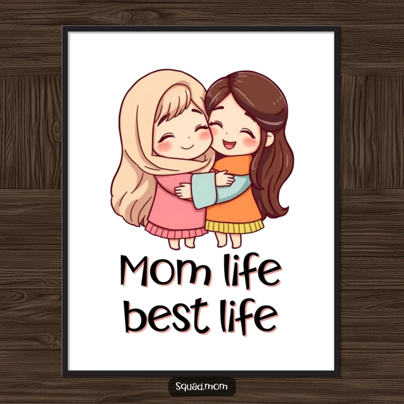 A tender illustration of two mom friends embracing in a warm hug, perfect for a funny and heartfelt wall art print.