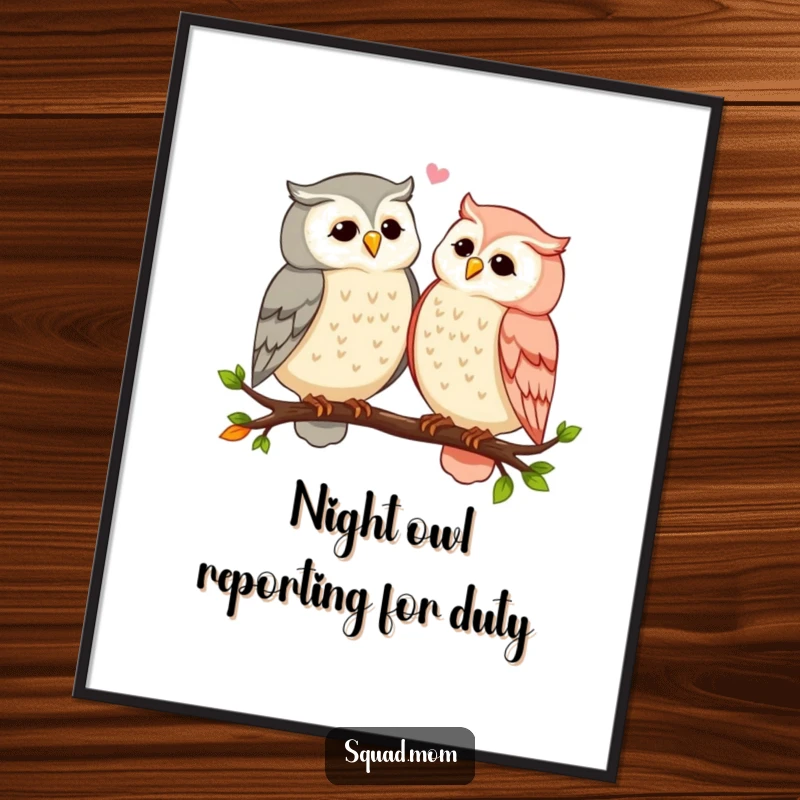 Funny owl moms sharing secrets and gossip while perched on a branch, framed as a charming poster, evoking wit and humor for bird lovers.