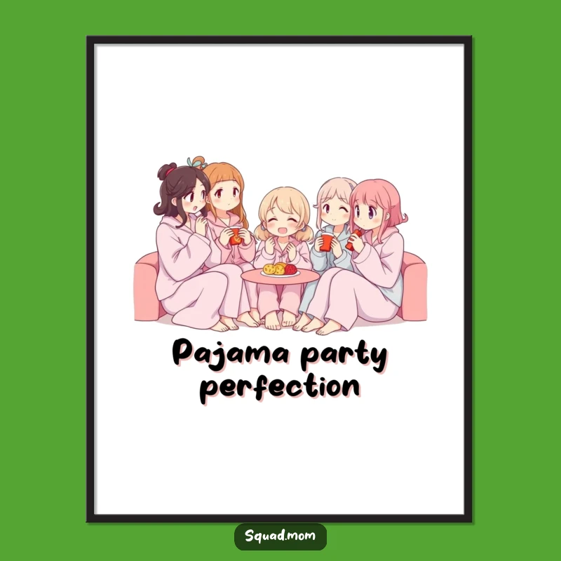 Funny Pajama Party Poster: Women Sharing Snacks, Cozy Friendship Art