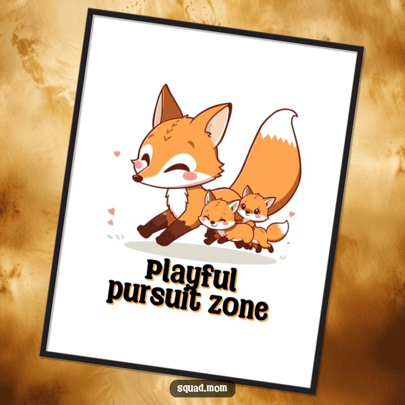 Funny A2 poster print of a mother fox leading her kits in a fun, playful chase through a meadow.