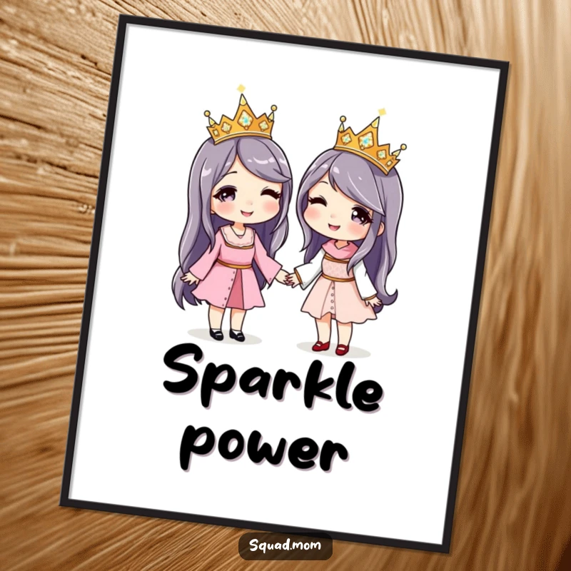 Funny poster showing two women happily holding hands, adorned with matching sparkly crowns, a symbol of their special connection.