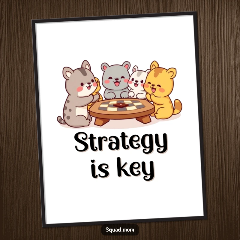 Funny poster featuring a vibrant illustration of animal friends intensely playing a board game, full of animated gestures and shared laughter, delightful wall decor.