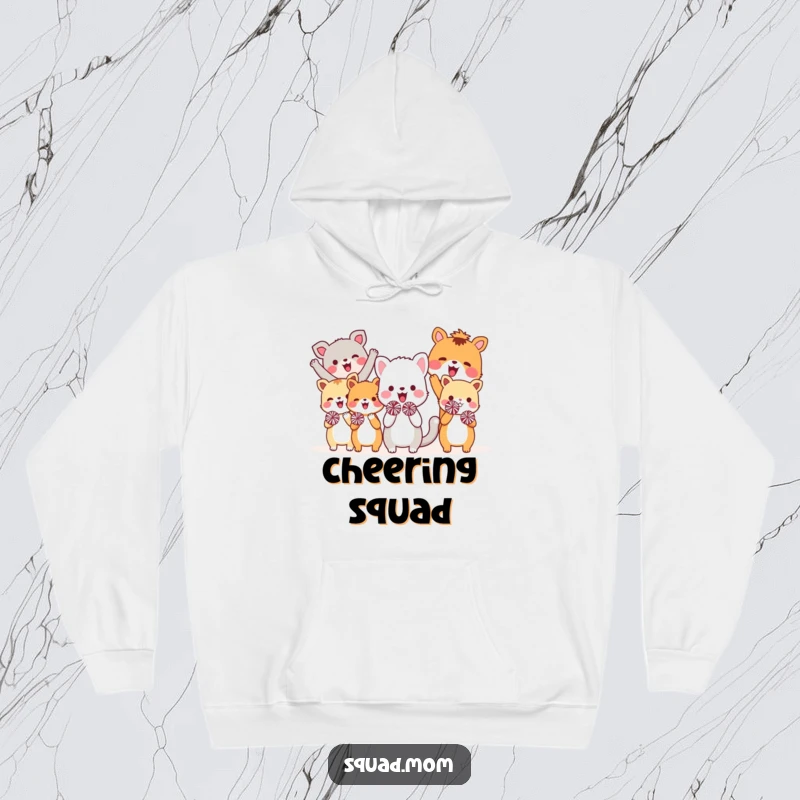 Funny hoodie depicting a joyful bunch of animal friends performing a cheer routine with small pom-poms, creating a heartwarming and amusing scene.