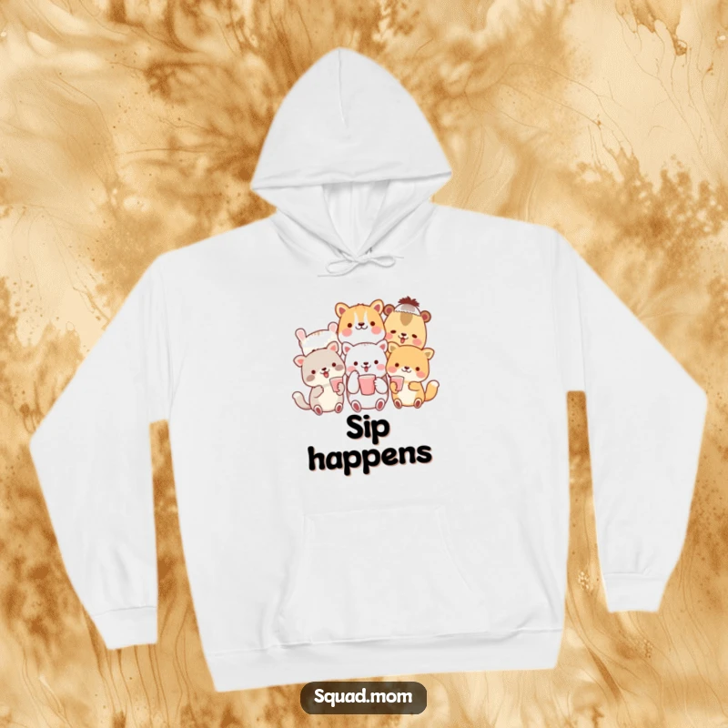 Funny hoodie showing a happy group of animal friends toasting with small cups, embodying warmth, friendship, and celebration.