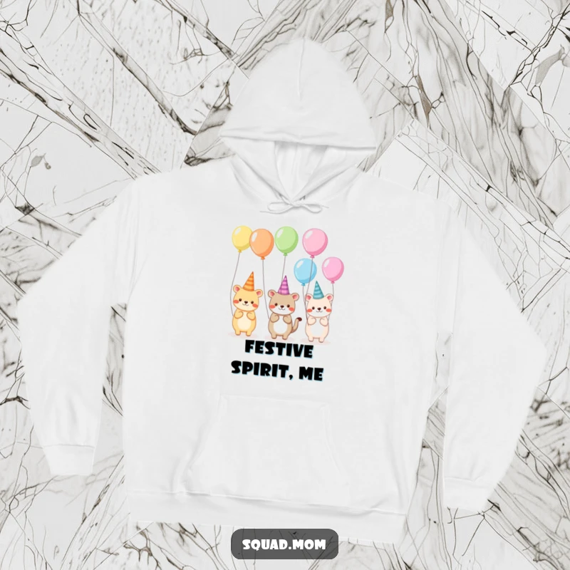 Funny hoodie graphic of animal friends in whimsical hats and holding balloons, creating a cheerful and cozy party atmosphere.
