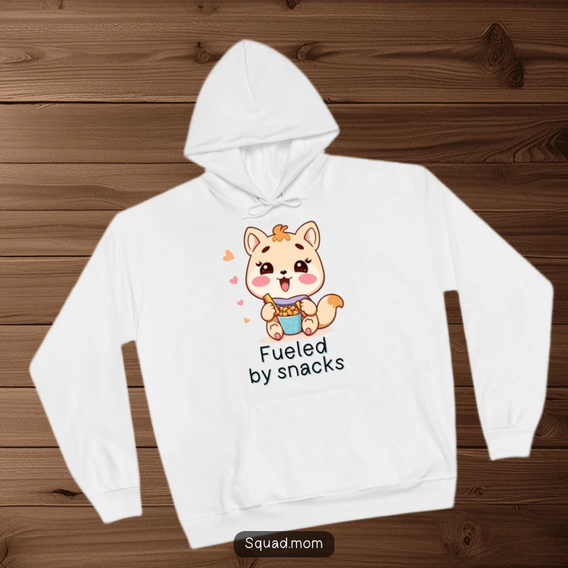 Funny Kawaii mom friend animal character offering delicious snacks with a big smile on a warm hoodie, ideal for mom.