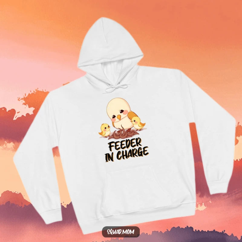 Funny hoodie graphic depicting a mama bird feeding worms to her little ones, creating a cozy and endearing scene of family care.