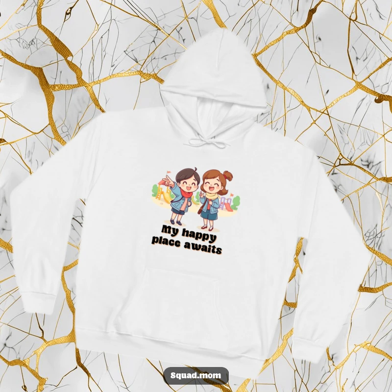 Funny hoodie featuring a mom friend pointing excitedly towards a playground, offering warmth and humor for outdoor play, a fantastic funny gift.
