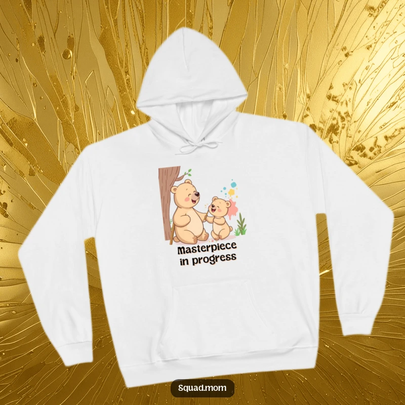 Funny bear mom and cub hoodie showing them giggling while painting a mural, offering cozy comfort and humorous artistic vibes.