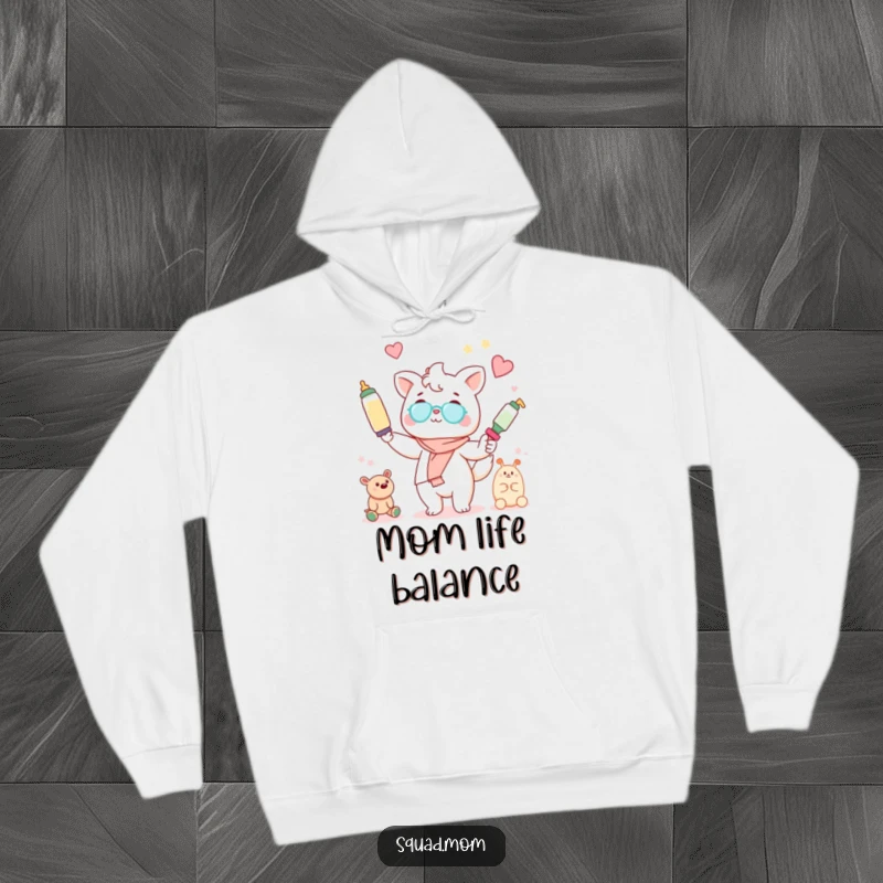 Funny Kawaii mom friend animal character juggling baby bottles and toys on a warm hoodie, symbolizing mom's busy life.
