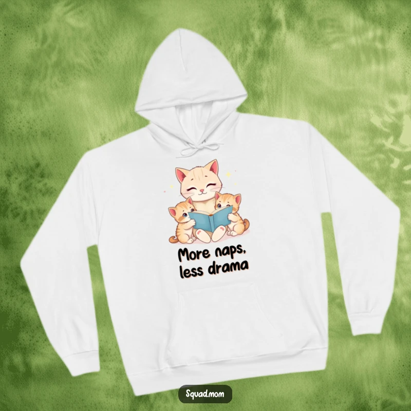 Funny cat mom reading a bedtime story to her wide-eyed kittens, depicted on a warm, comfortable hoodie, ideal for cozy evenings.
