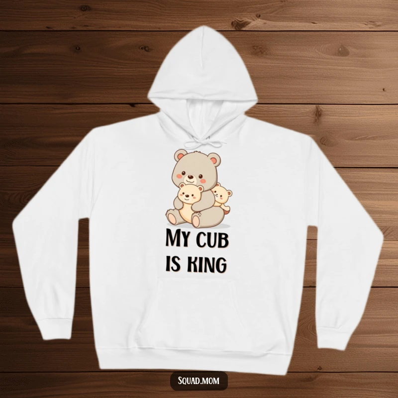 Funny hoodie depicting a happy bear mom giving her cub a piggyback ride, perfect for staying warm and cozy with a humorous family theme.