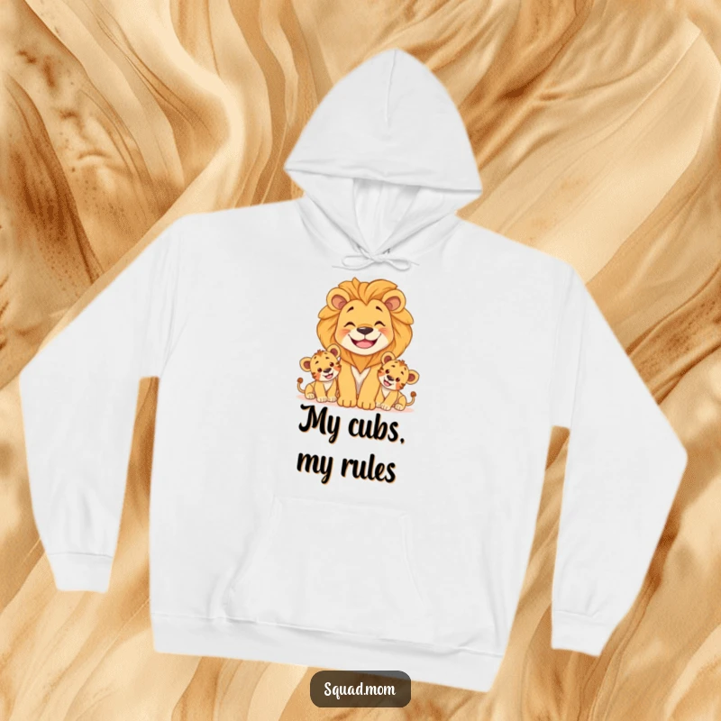 Funny hoodie depicting a smiling lion mom watching over her playful cubs, embodying warmth and protective instincts with humor.