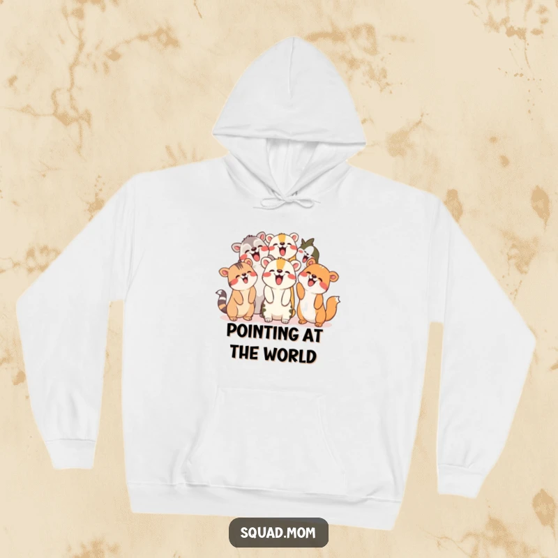 Funny Hoodie: Group of animal friends giggling and pointing upwards, perfect for cozy, shared humor.