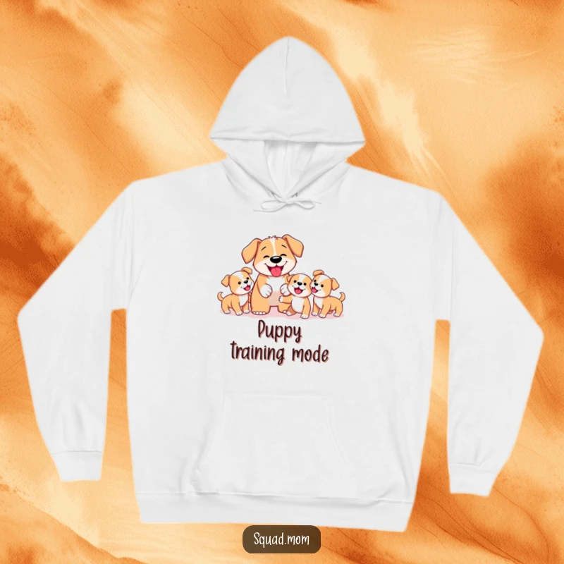 Funny Dog Mom Hoodie depicting an earnest mother dog instructing her litter of puppies on the game of fetch, a heartwarming and humorous scene.